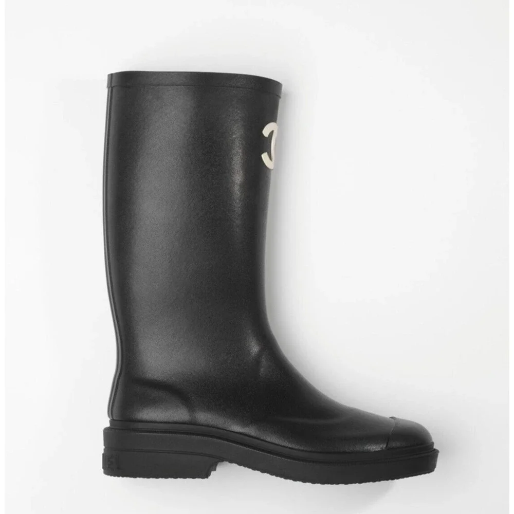 Chanel REV Black White Caoutchouc CC Logo High Pull On Rubber Rain Boots 39 - Picture 3 of 12